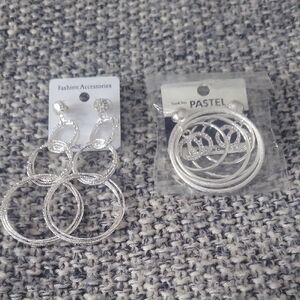 2 Pair Of Long  And Short Silver Hoop Earrings Set With Swarsowski Gems